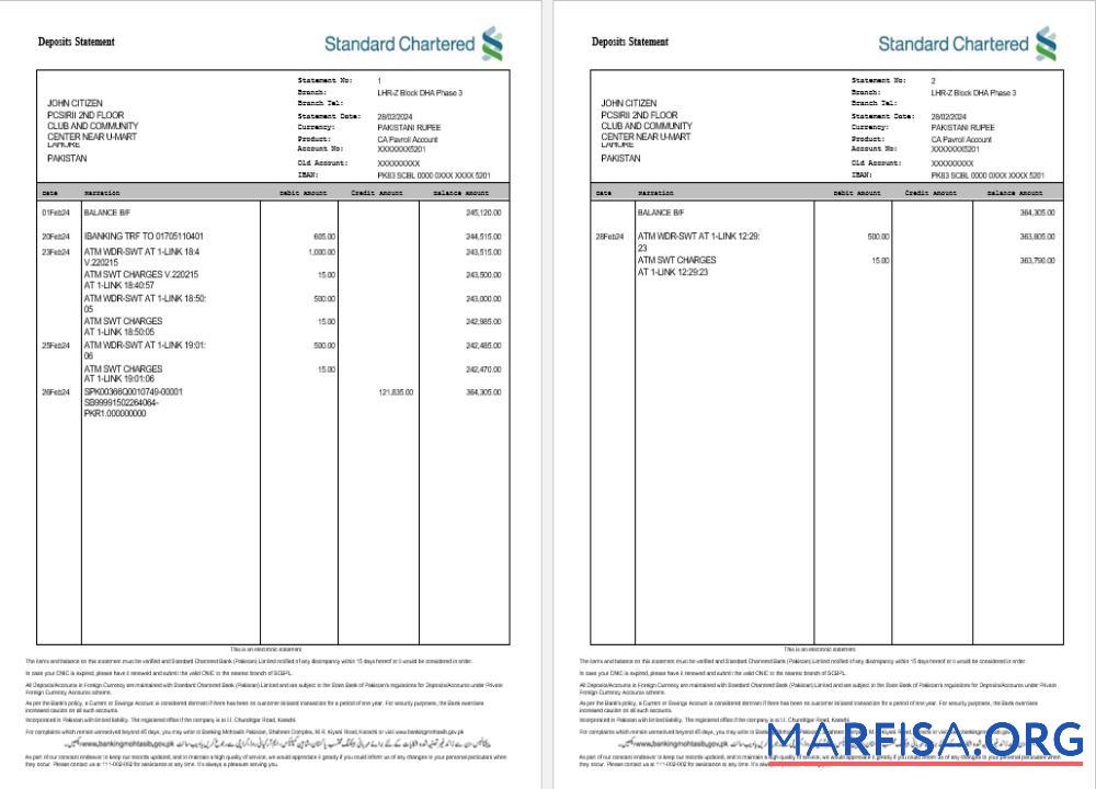 Realistic India Standard Chartered bank statement word 2 pages template